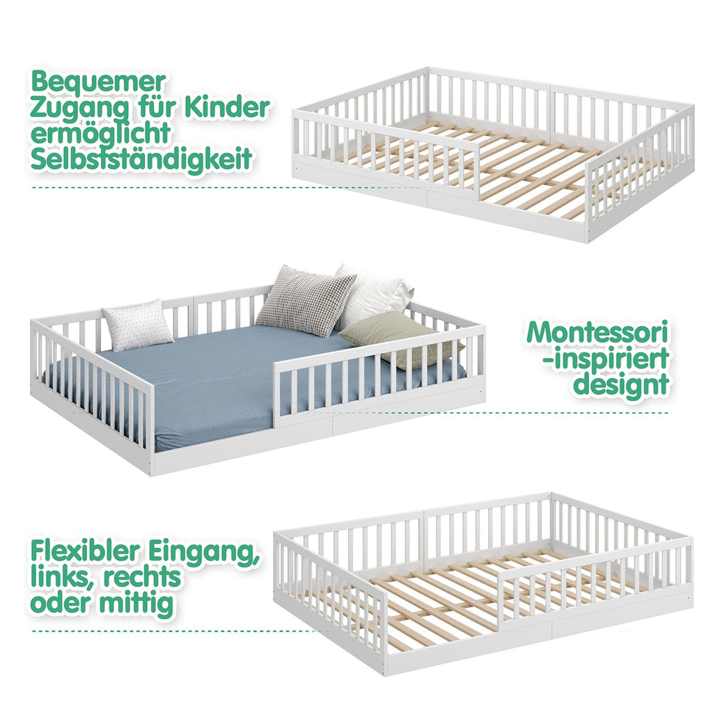 CADANI Timi Kinderbett 140x200 cm Bodenbett, Rausfallschutz abnehmbar, bis 200 kg belastbar, Roll-Lattenrost, Montessori Kiefer Massivholz Bett, 3 Aufbauvarianten, Umbaubar, Weiß