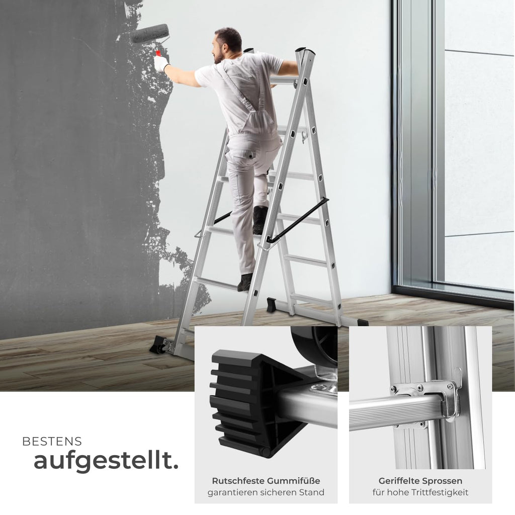 TecTake Gerüst, Leiter 4 in 1, Mobile Mehrzweckleiter, Arbeitsbühne, Baugerüst, Alu Gerüst, Rollgerüst mit Arbeitsplattform, Haushaltsleiter, belastbar bis max. 150 Kg - Silber