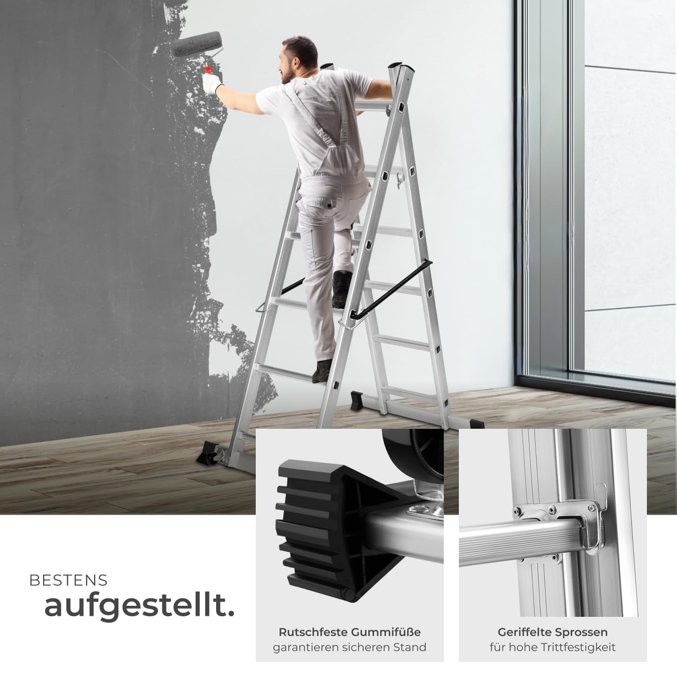 TecTake Gerüst, Leiter 4 in 1, Mobile Mehrzweckleiter, Arbeitsbühne, Baugerüst, Alu Gerüst, Rollgerüst mit Arbeitsplattform, Haushaltsleiter, belastbar bis max. 150 Kg - Silber