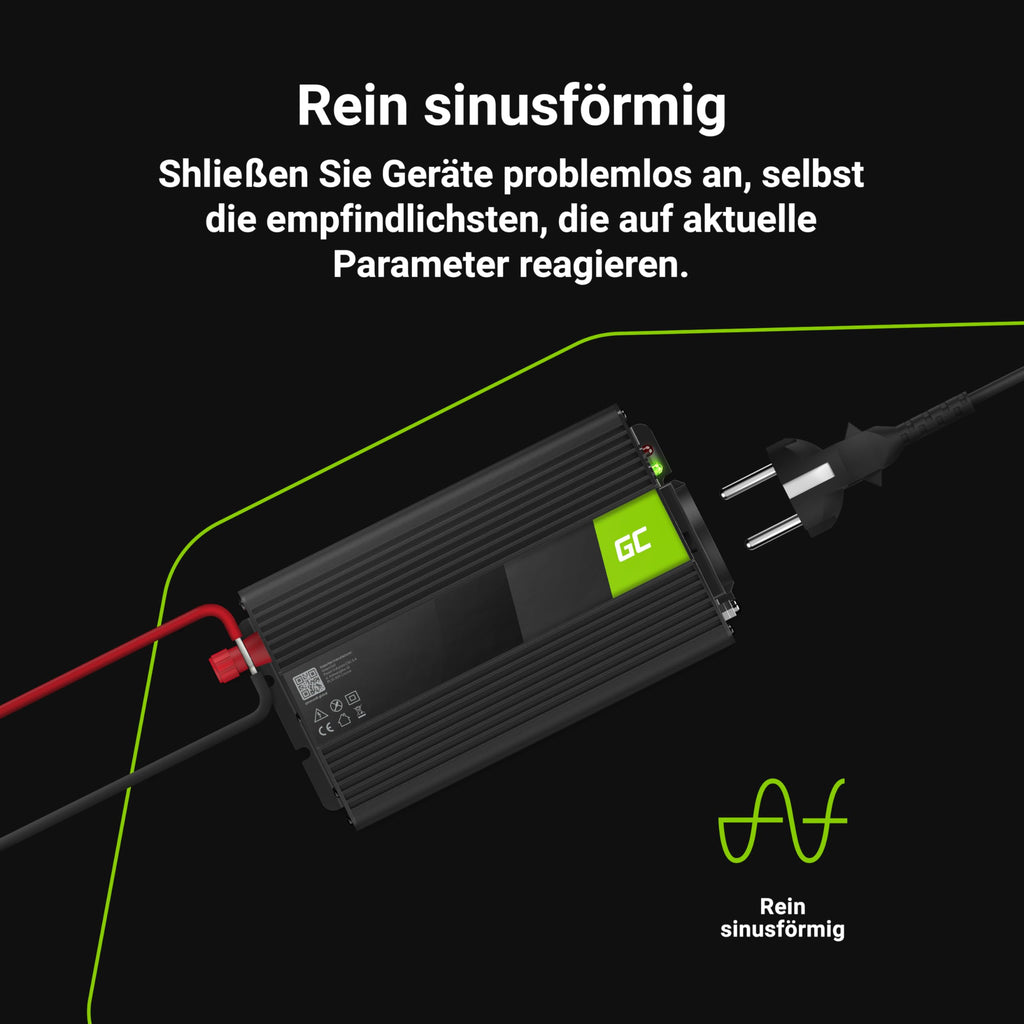 Green Cell 300W/600W 12V auf 230V Reiner Sinus Volt kfz Spannungswandler Wechselrichter Konverter Pure Sine Wave Power Solar Inverter DC AC Umwandler Stromwandler Zigarettenanzünder Steckdose