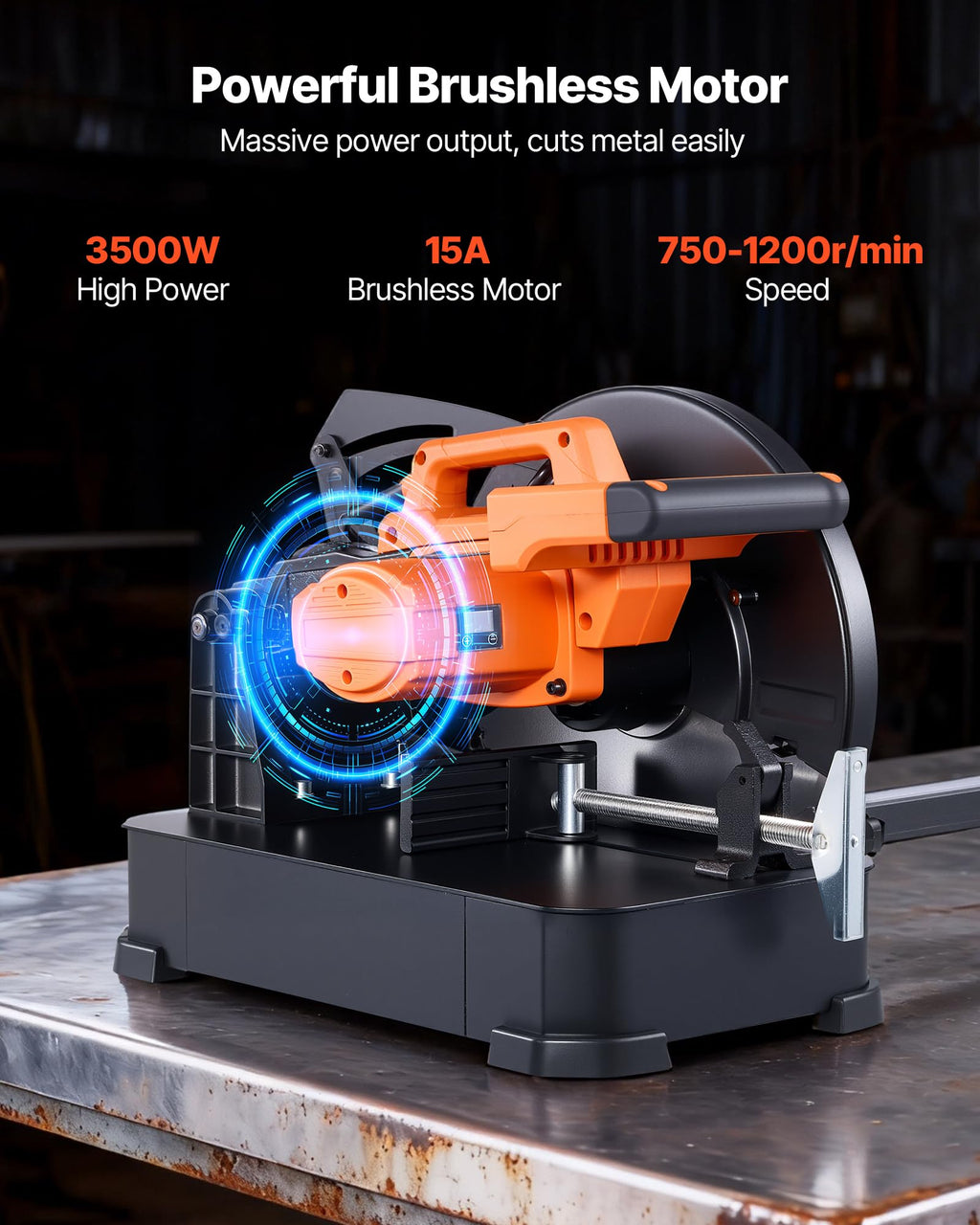 VEVOR Kappsäge Gehrungssäge mit 355 mm Edelstahl-Kaltschnittsägeblatt & 3500 W bürstenlosem Motor & 750–1200 U/min, Metallkappsäge für quadratische & flache Metallrohre, I-förmige Stähle