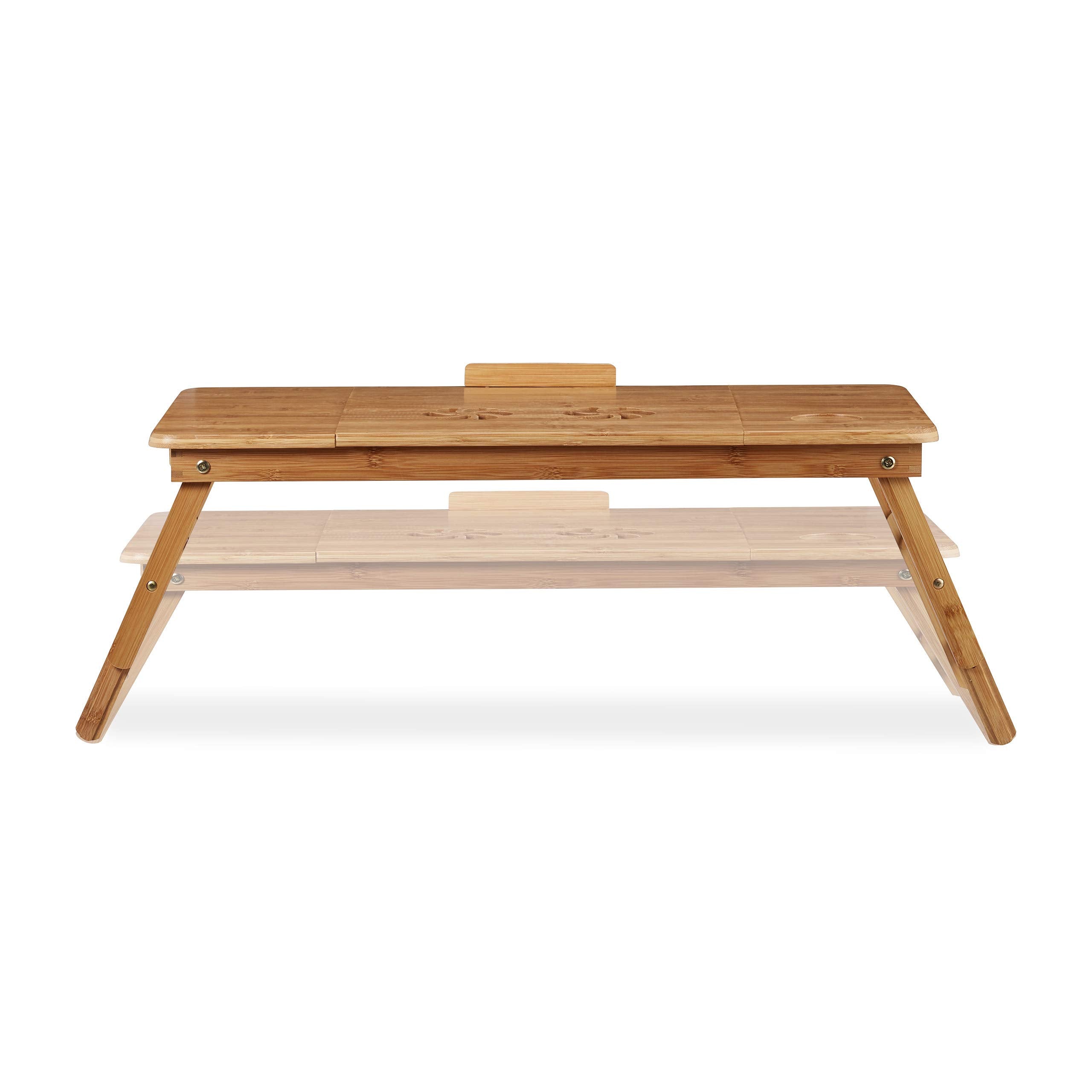 Relaxdays Laptoptisch Bambus XL, ideale Belüftung, höhenverstellbar, 5 Neigungswinkel, Lapdesk mit Schubfach, Natur
