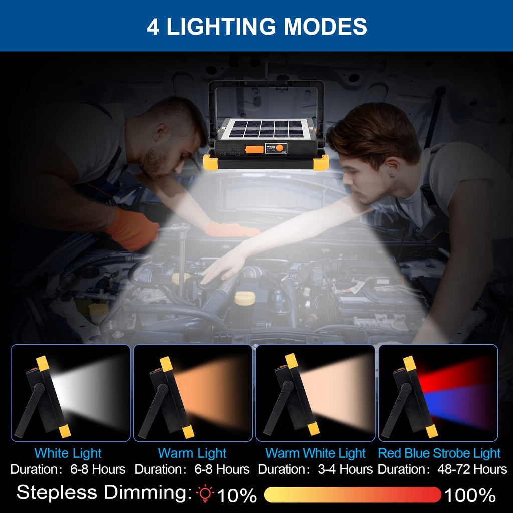 LED Baustrahler Solar 120W, Tragbar Arbeitsstrahler Akku mit 348 LED-Perlen 4 Modi, 10000 Lumen Arbeitsleuchte USB oder Solar Wiederaufladbare Ideal für Camping, Arbeit, Angeln, Schwarz
