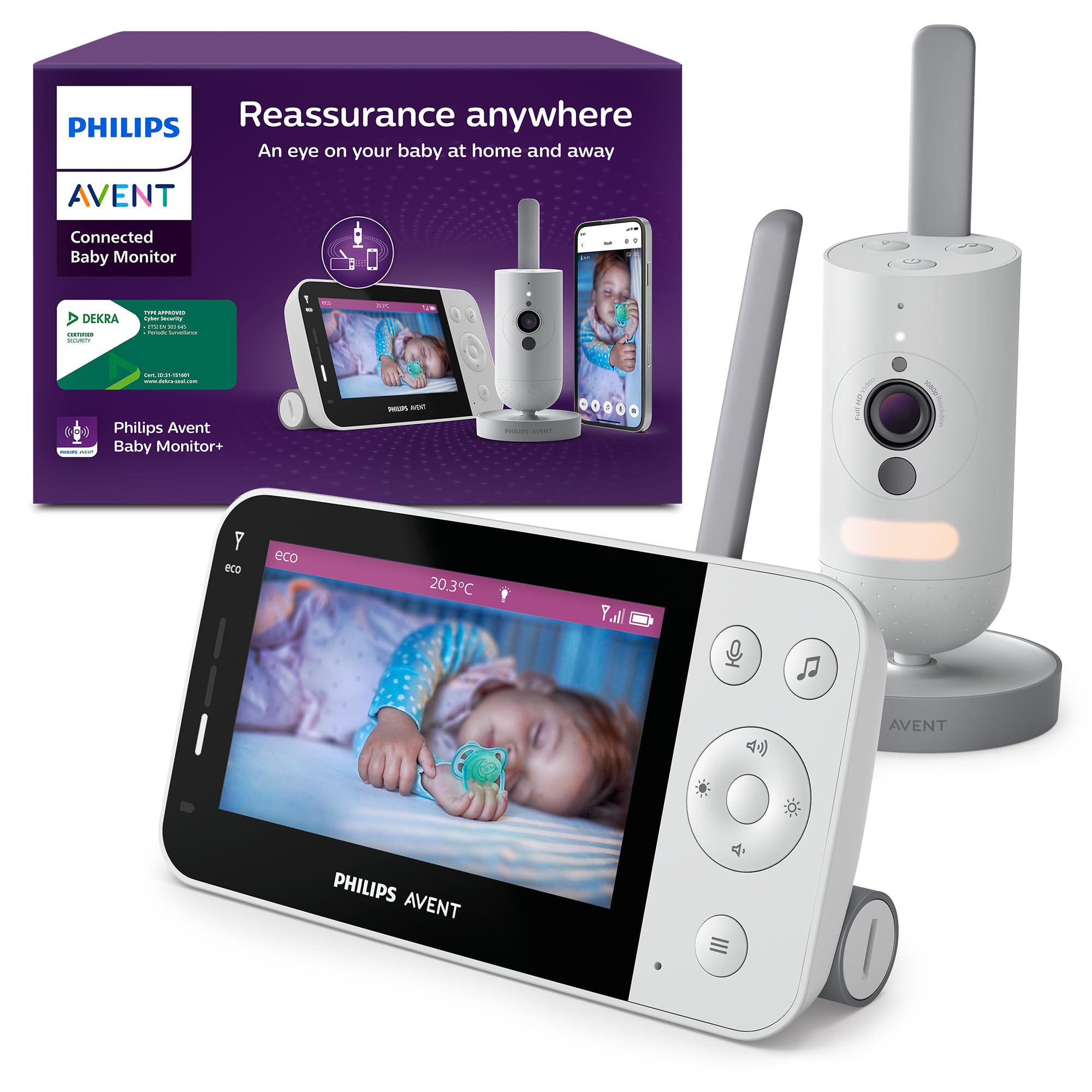 Philips AVENT Philips Connected Videophone mit WLAN, hochwertiger HD-Kamera, Infrarot-Nachtsichtfunktion, Schrei-Erkennung, Gegensprechfunktion, DEKRA Zertifiziert privat und sicher, SCD951/26
