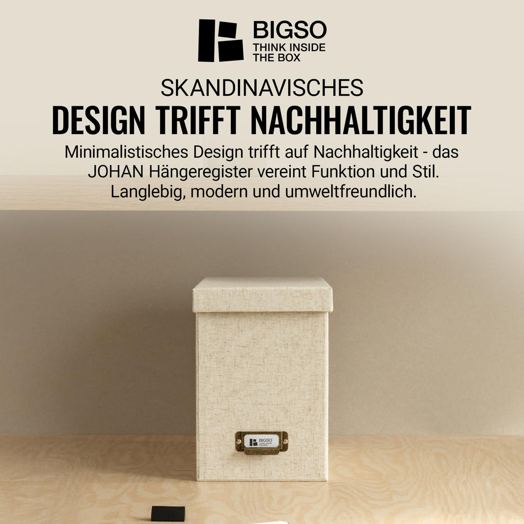 BIGSO JOHAN Hängeregisterbox A4 – Hängemappenbox mit Deckel und Griff – Schreibtischablage für Hängemappen & Dokumente – Aufbewahrungsbox aus recycelter Faserplatte und Papier – Leinen