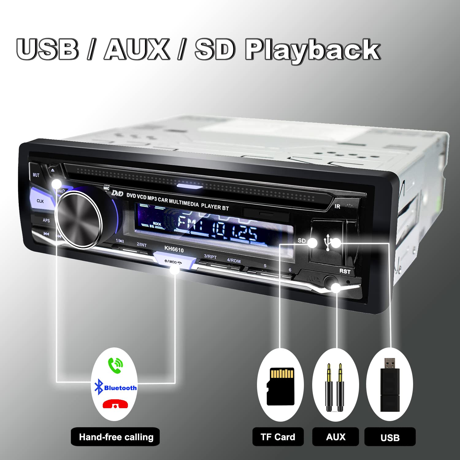 Alondy 1DIN Autoradio Bluetooth mit CD/DVD Player USB AM/FM/RDS Radio Freisprecheinrichtung SD AUX