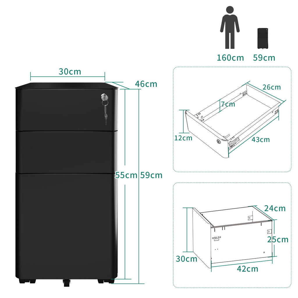 YITAHOME Rollcontainer, Abschließbar Rollcontainer mit 3 Schubladen, Metall Mobiler Aktenschrank Büroschrank mit Rollen für A4, Legal, Letter Home-Office, Hängeregistratur, Schwarz, 46 x 30 x 59cm