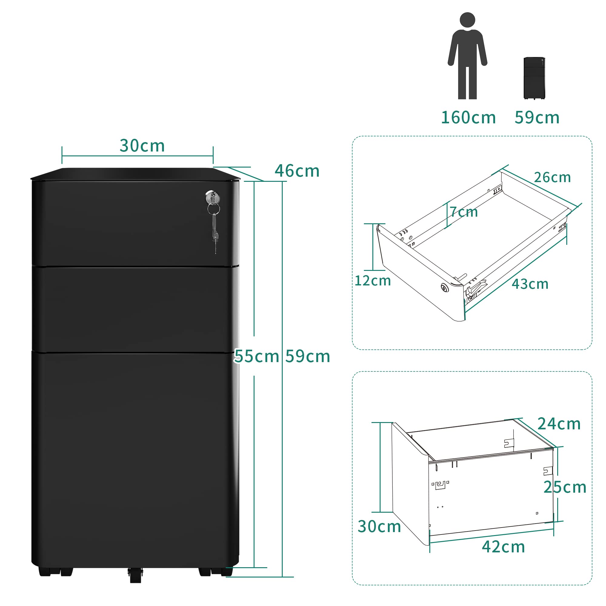 YITAHOME Rollcontainer, Abschließbar Rollcontainer mit 3 Schubladen, Metall Mobiler Aktenschrank Büroschrank mit Rollen für A4, Legal, Letter Home-Office, Hängeregistratur, Schwarz, 46 x 30 x 59cm
