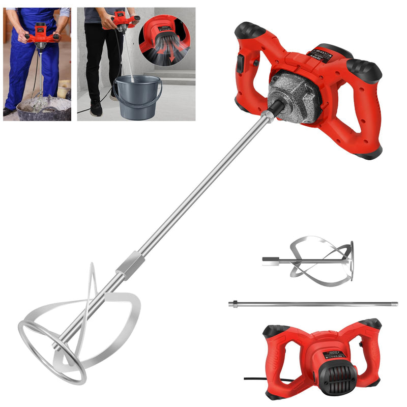 2600W Rot Rührwerk betonrührer, 6-Gang-Getriebe 0-1700U/min, M14 Spiralstange 60 cm, Farb-Mörtelrührer Ø120 mm, Handmischer für Mischgut Beton, Mörtel, Putz, Farbe, Kleber und Zement
