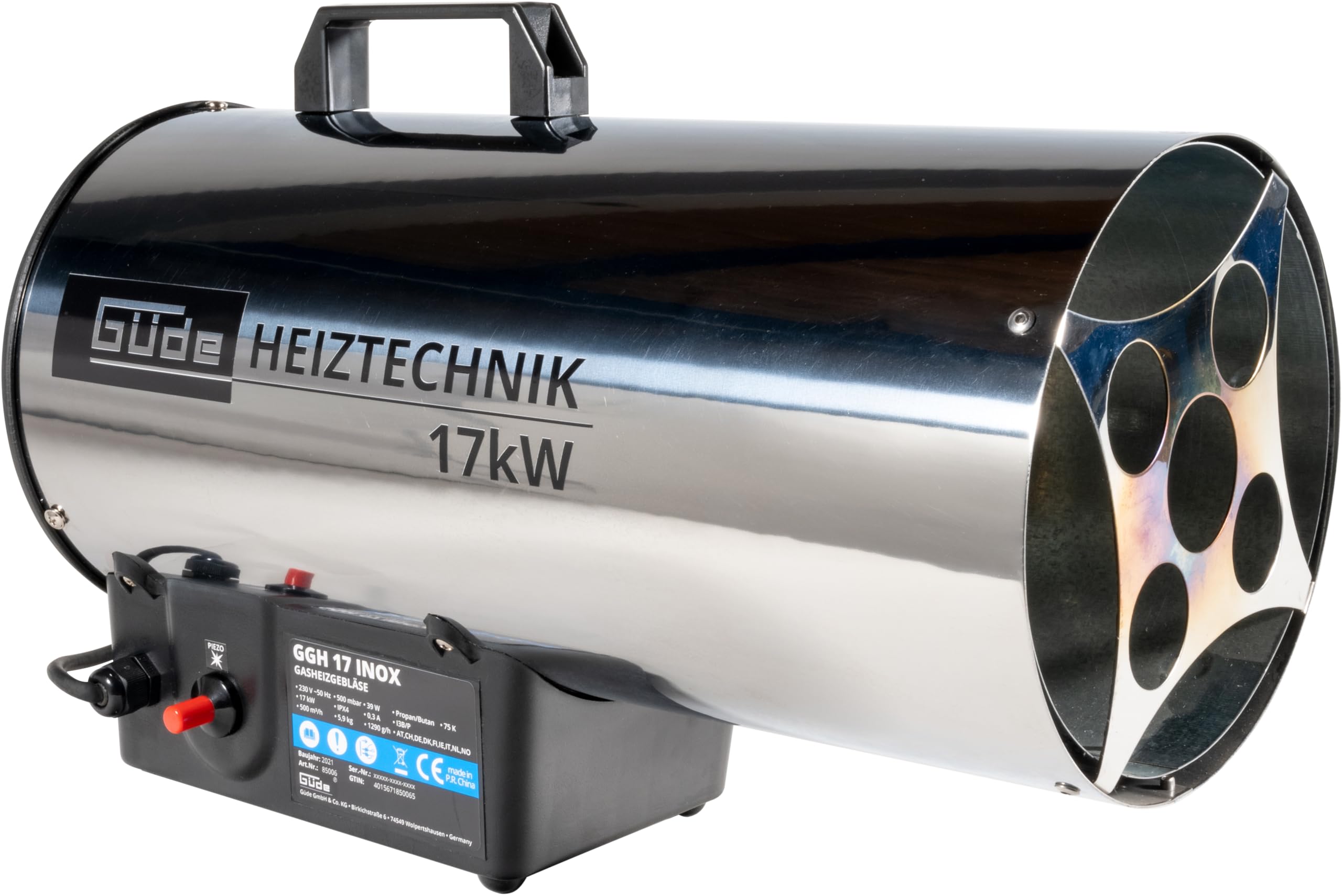 Güde 85006 Gasheizgebläse GGH 17 INOX (17kW, Edelstahlbrenner, Edelstahlgehäuse, Schlauch 1,5 m, Druckminderer)