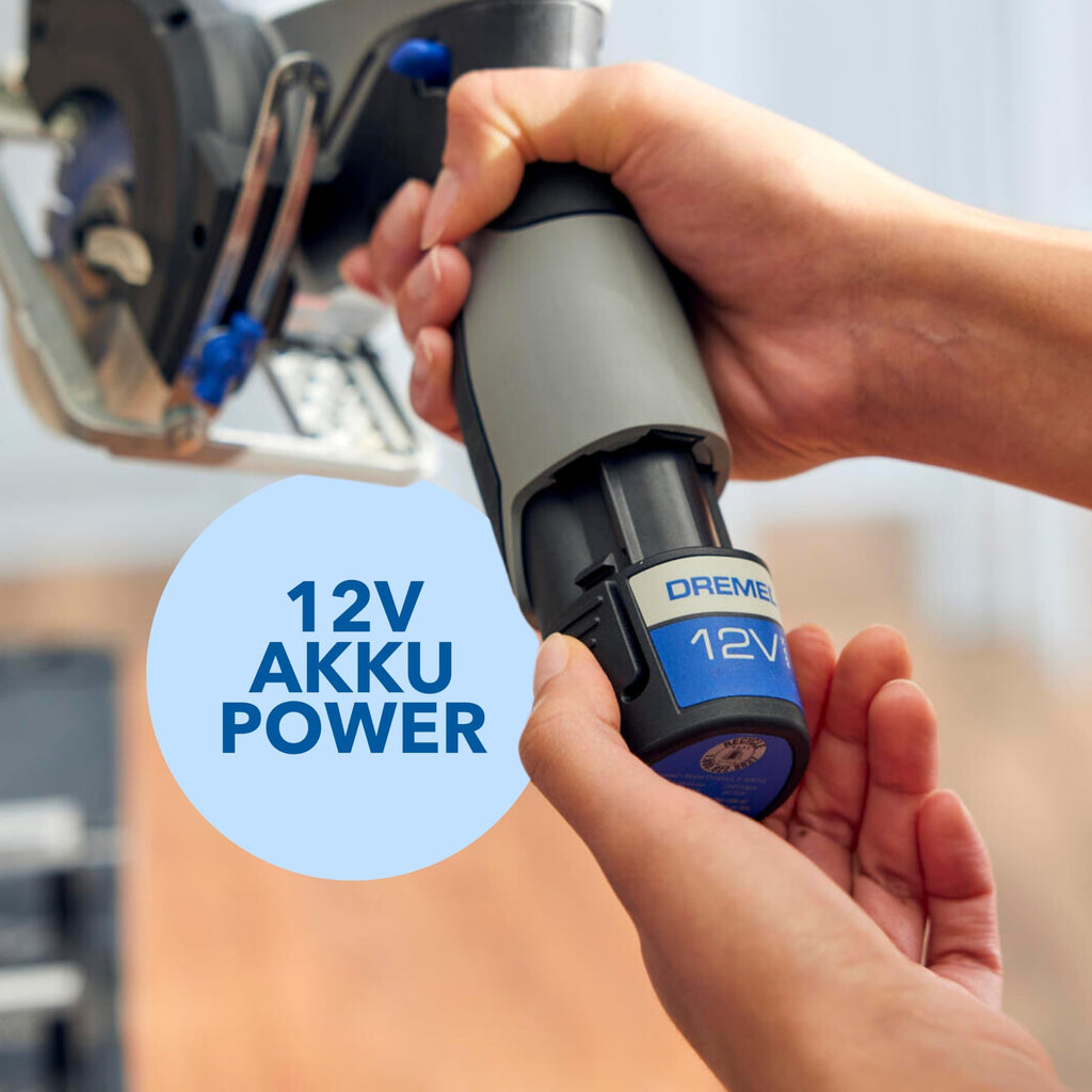 Dremel Blueprint Bürstenlose 12V Akku-Mobile Sägestation mit 1x Kompakt-säge, 1x Sägetischkoffer, 1x 2.0 Akku + Ladegerät, 1x Multi Material Kreissägeblatt, 2x Schraub-zwingen, Mehrere Schnitt-Arten