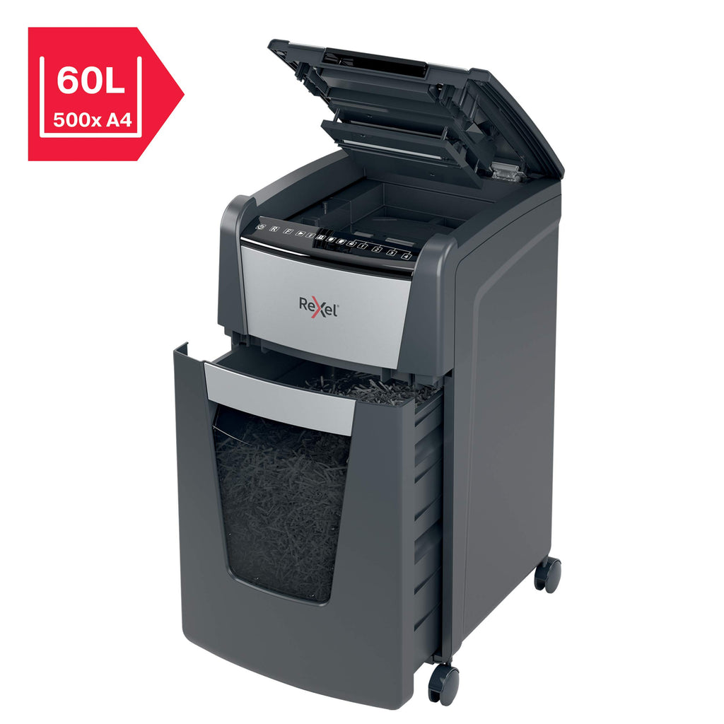 Rexel Optimum AutoFeed+ 300X Automatischer Aktenvernichter, 300 Blatt automatisch, Sicherheitsstufe P4, Partikelschnitt, für Büros und Abteilungen, 60 Liter Abfallbehälter, mit Lenkrollen, 2020300XEU