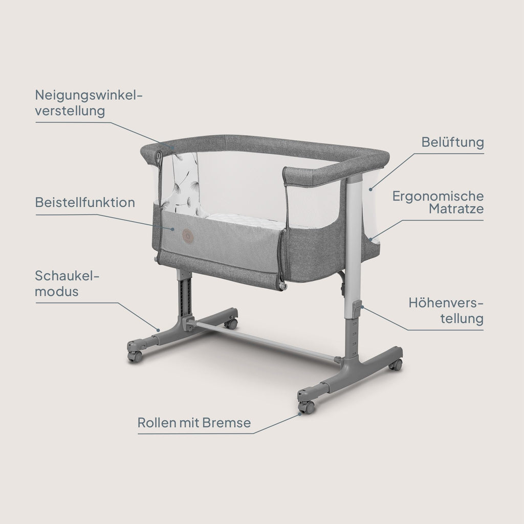 Lionelo Aurora 3 in 1 Babybett bis 9 kg, Beistellbett, Wiege, Höhenverstellug und Einstellung der Neigung der Matratze, 4 Räder mit Bremse Ergonomische Matratze Tasche