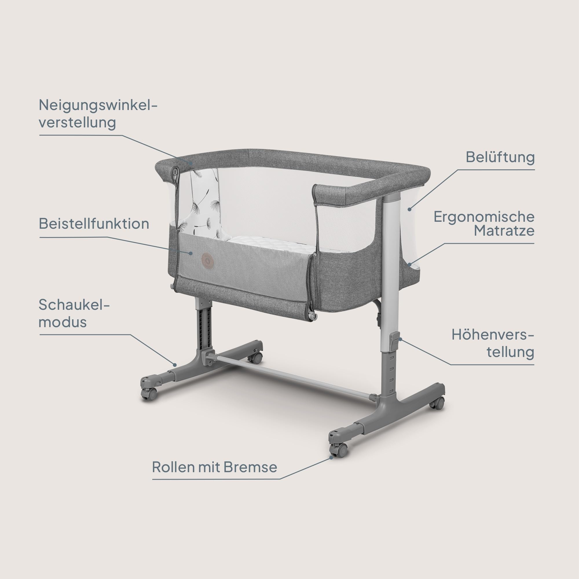 Lionelo Aurora 3 in 1 Babybett bis 9 kg, Beistellbett, Wiege, Höhenverstellug und Einstellung der Neigung der Matratze, 4 Räder mit Bremse Ergonomische Matratze Tasche