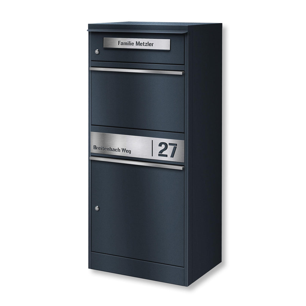 Metzler Paketbox, Briefkasten mit großem Paketfach in Anthrazit, personalisierte Paketbox für draußen, Standbriefkasten mit Paketfach, Paketkasten, Postbox mit Gravur, rostfrei und massiv - Bispo 2
