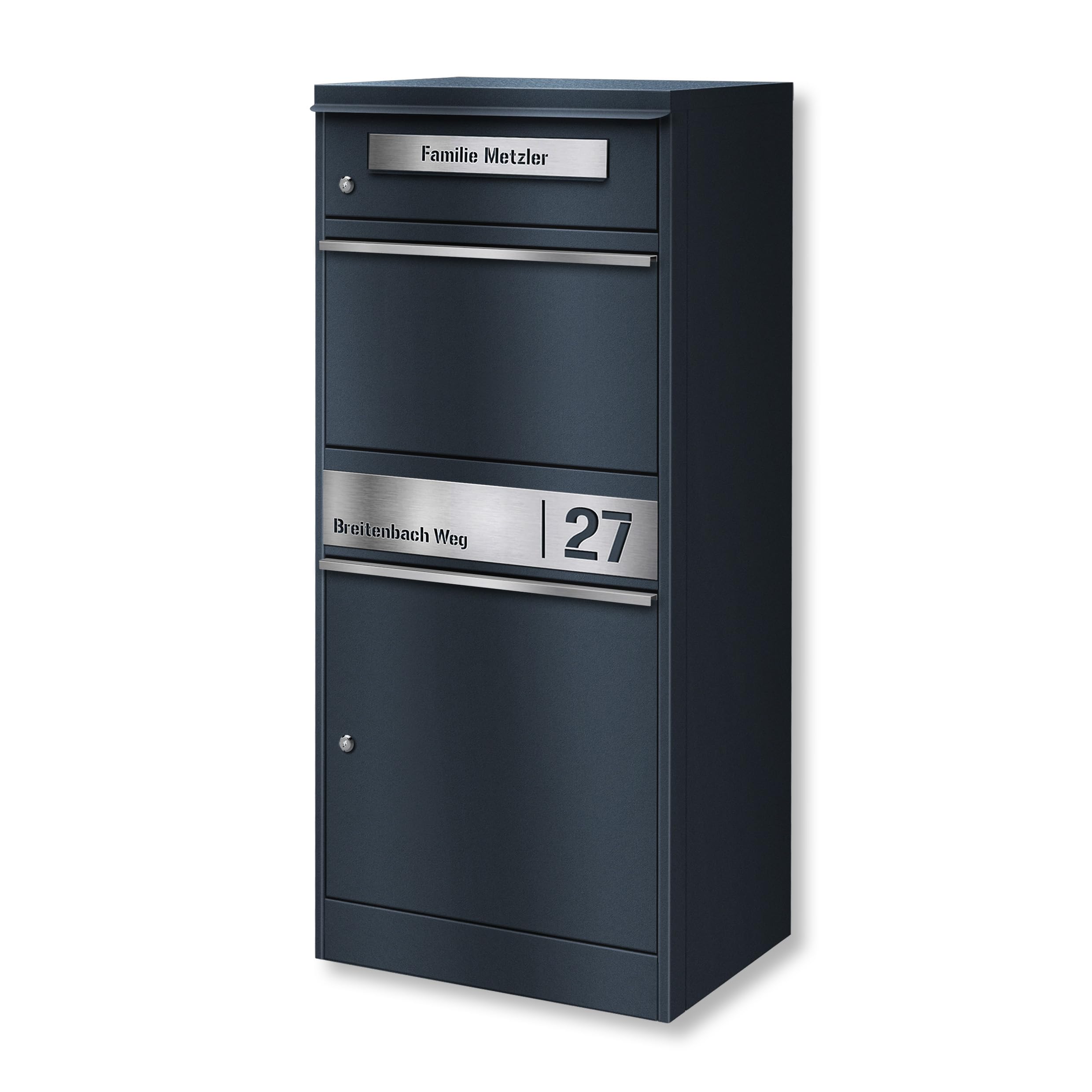 Metzler Paketbox, Briefkasten mit großem Paketfach in Anthrazit, personalisierte Paketbox für draußen, Standbriefkasten mit Paketfach, Paketkasten, Postbox mit Gravur, rostfrei und massiv - Bispo 2