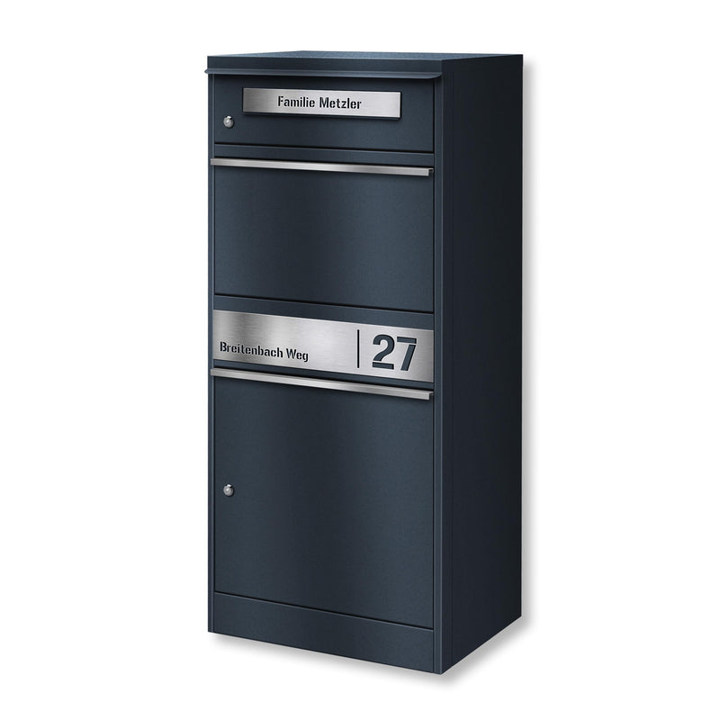 Metzler Paketbox, Briefkasten mit großem Paketfach in Anthrazit, personalisierte Paketbox für draußen, Standbriefkasten mit Paketfach, Paketkasten, Postbox mit Gravur, rostfrei und massiv - Bispo 2