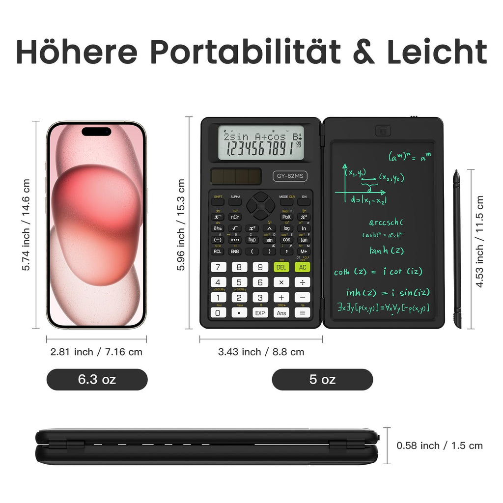 NEWYES Wissenschaftlicher Taschenrechner, 82MS Ingenieurrechner mit Schreibtablett und Stift, 240 Funktionen, 2-zeiliges Display, Mittel- und Oberschulbedarf, Schwarz