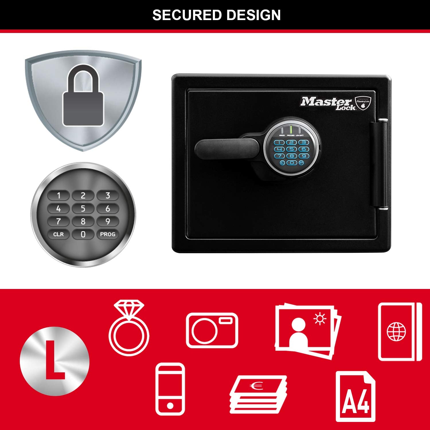 Master Lock Tresor Feuerfest und Wasserdicht mit Zahlencode, Dreifacher Schutz - Flug, Feuer und Flut, elektronische Kombination, 22,8L, 34.8 x 41.5 x 49.1 cm