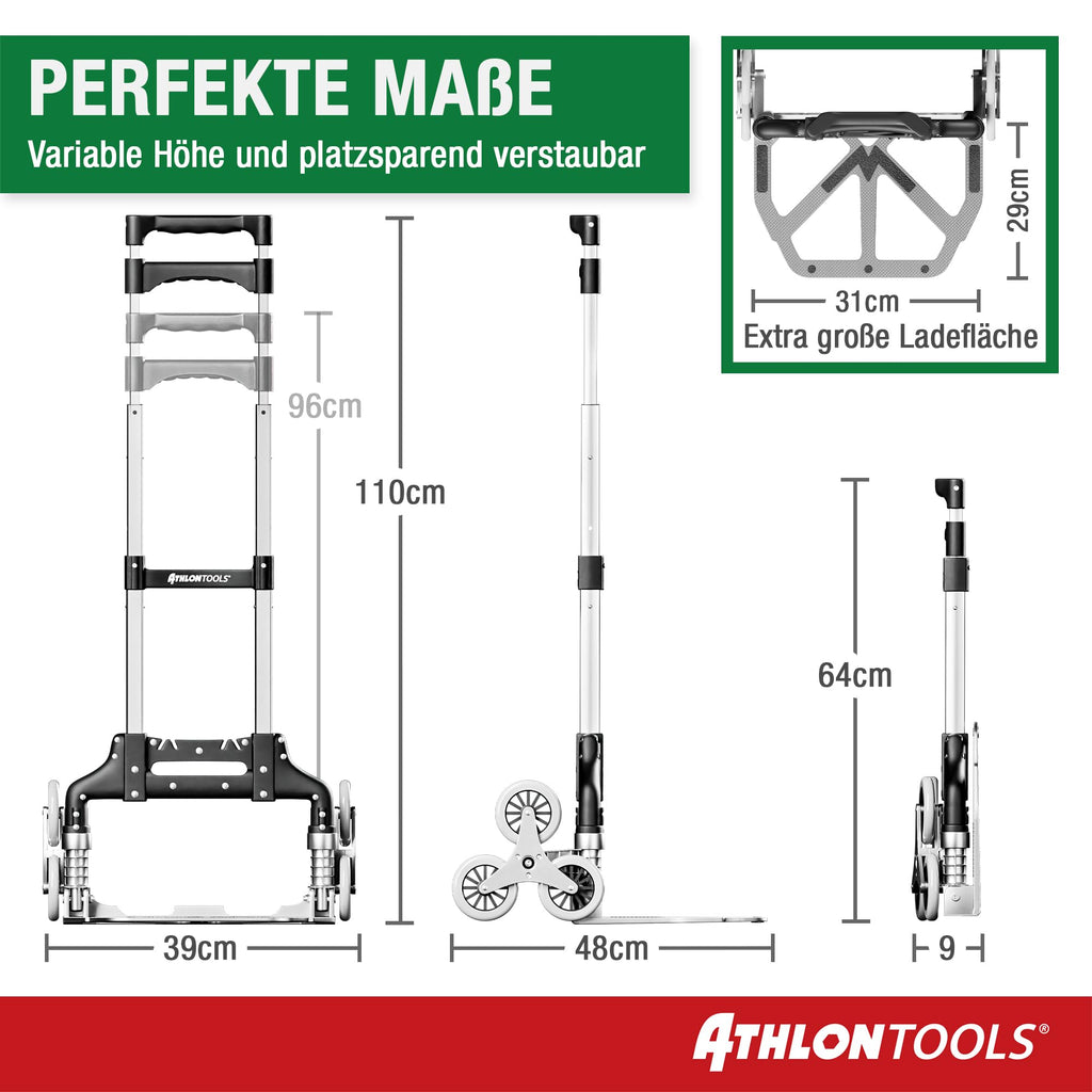 ATHLON TOOLS Aluminium Treppensteiger-Sackkarre klappbar TÜV geprüft – extra Langer Griff 110 cm, Ladefläche mit Anti-Rutsch-Pads
