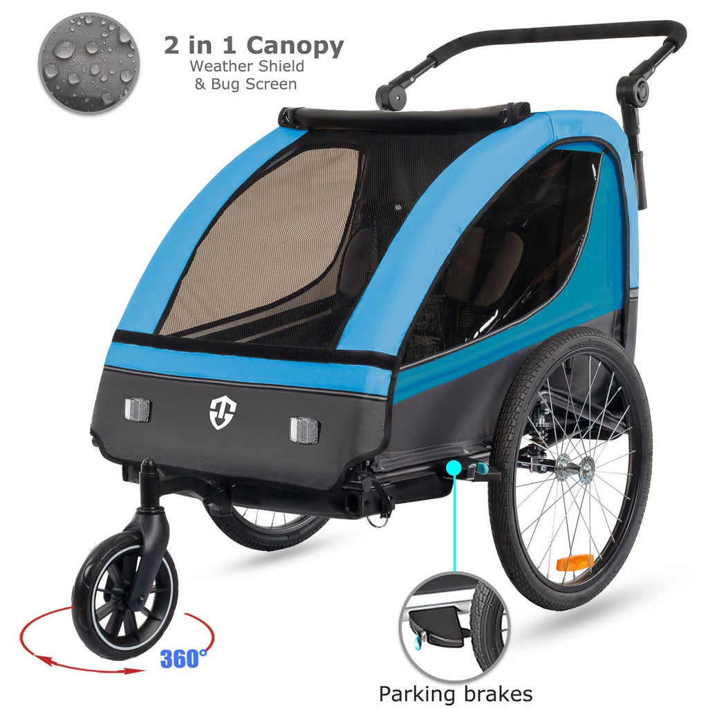 Tiggo VS Kinderanhänger 360° Drehbar mit Federung 2in1 Fahrradanhänger mit Buggy Set Jogger 5-Punkt Gurt Fahrrad Anhänger für 1 bis 2 Kinder max. 40kg (Blau)