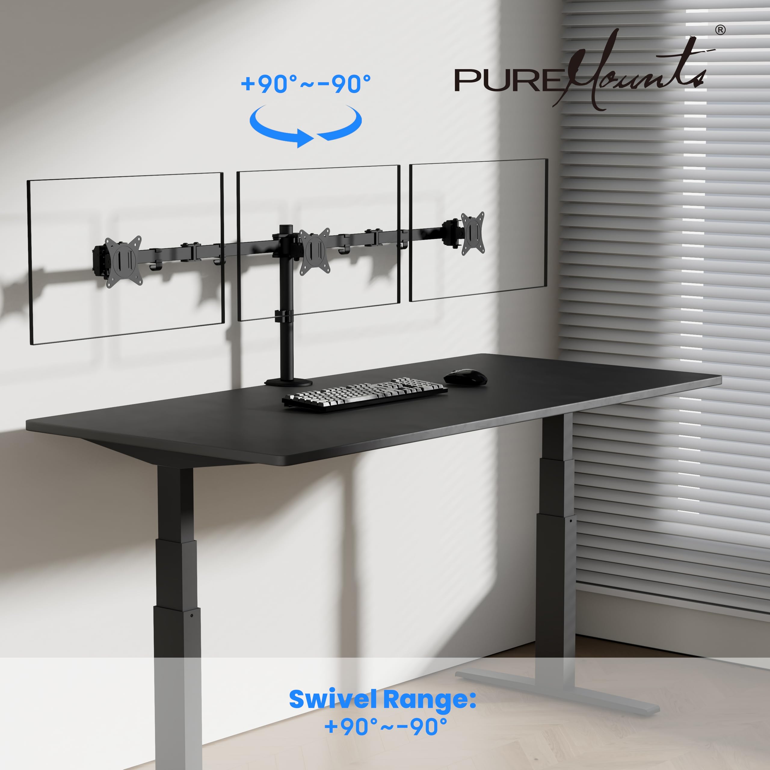 PureMounts Monitor Halterung, Monitorhalterung für 3 Bildschirme, 17 bis 27 Zoll, höhenverstellbar neigbar schwenkbar, VESA 75 und 100, Tischhalterung, Bildschirmhalter Triple, Schwarz