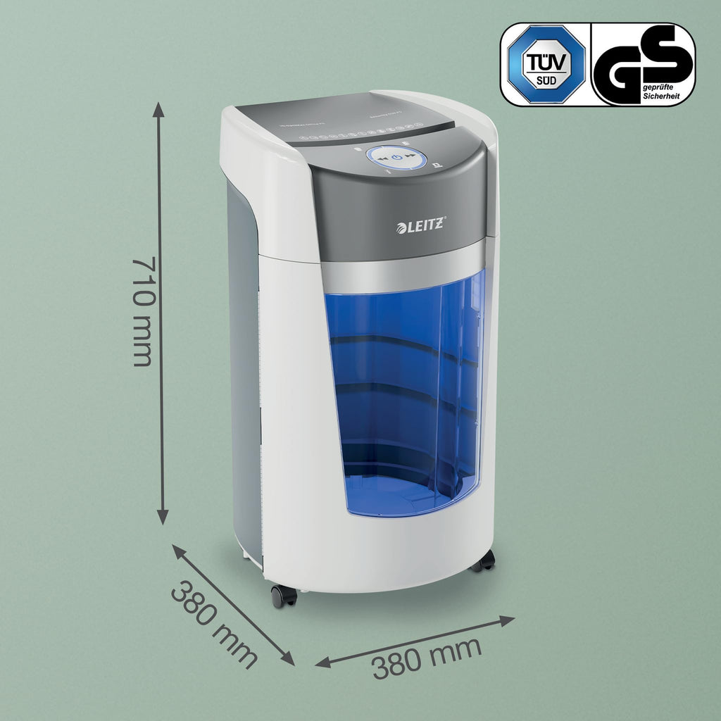 Leitz IQ OptiMax Office P5 Aktenvernichter mit Mikroschnitt, 12-10 Blatt (70-80 g/m²), Rotierender 35 Liter Behälter für 33% mehr Volumen (550 x A4), Extrem leise, 120 Min Dauerbetrieb, Weiß, 83600000
