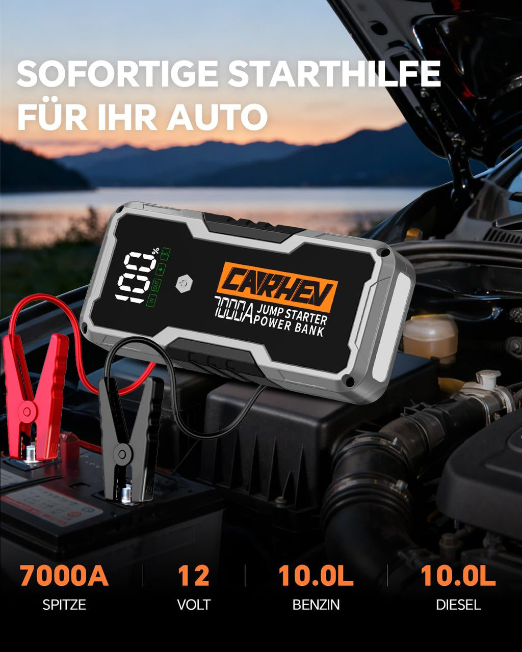 CARHEV 7000A Starthilfe Powerbank für Pkw, 12V Auto Starthilfe Powerbank (Bis Zu 10,0L Benzin Oder 10,0L Diesel), Auto Starter Powerbank mit QC 3.0 USB Ausgänge, Batterie Jump Starter mit LED