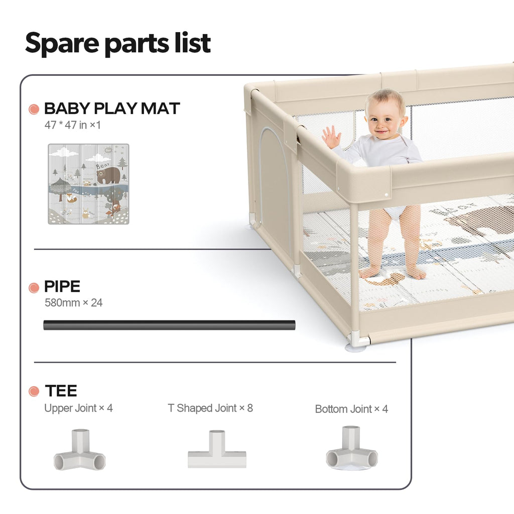 Fodoss Baby Laufgitter mit Matte, 120x120cm Laufstall Baby, mit Matratze, Atmungsaktives Netzdesign, Laufstall für die Wohnung-Beige