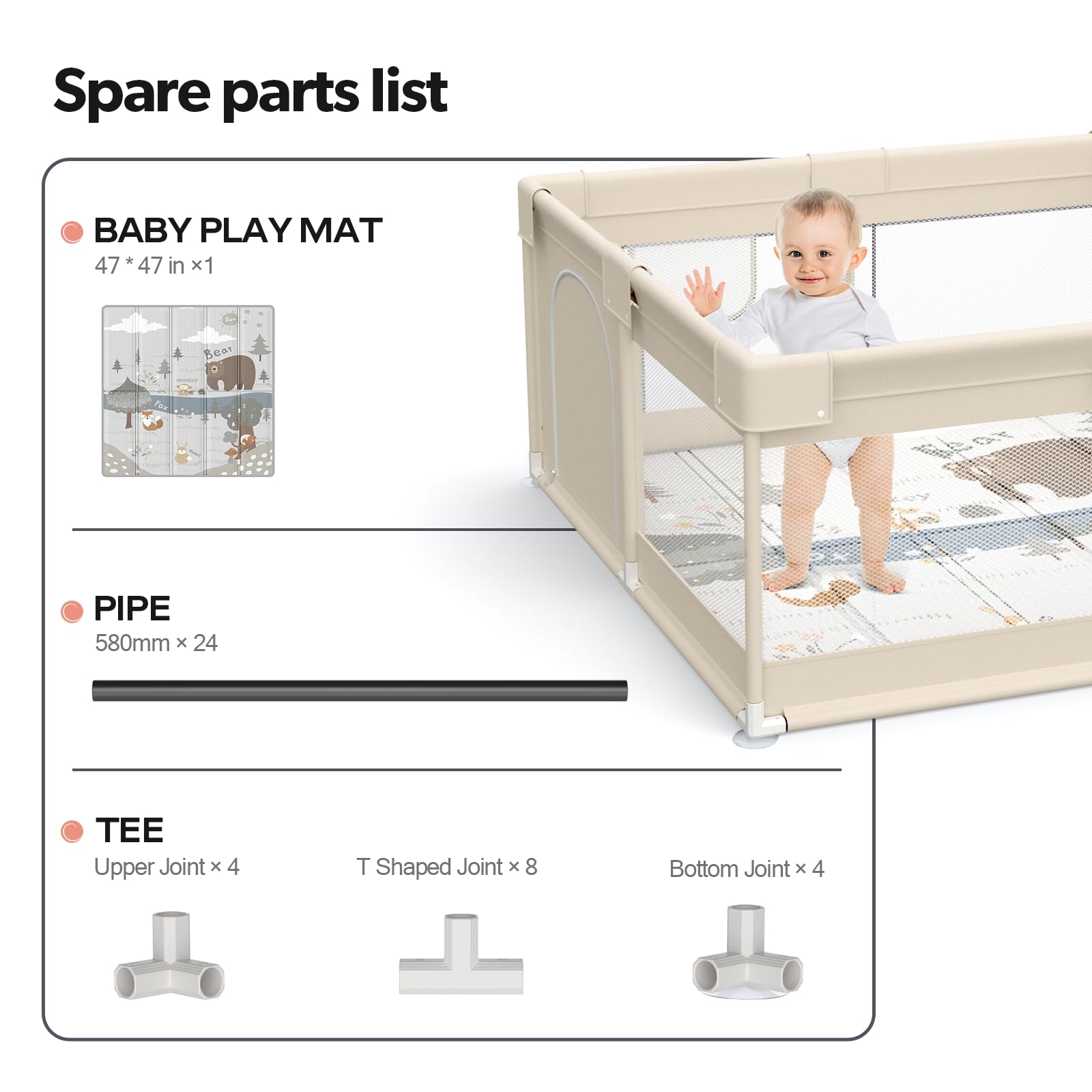Fodoss Baby Laufgitter mit Matte, 120x120cm Laufstall Baby, mit Matratze, Atmungsaktives Netzdesign, Laufstall für die Wohnung-Beige