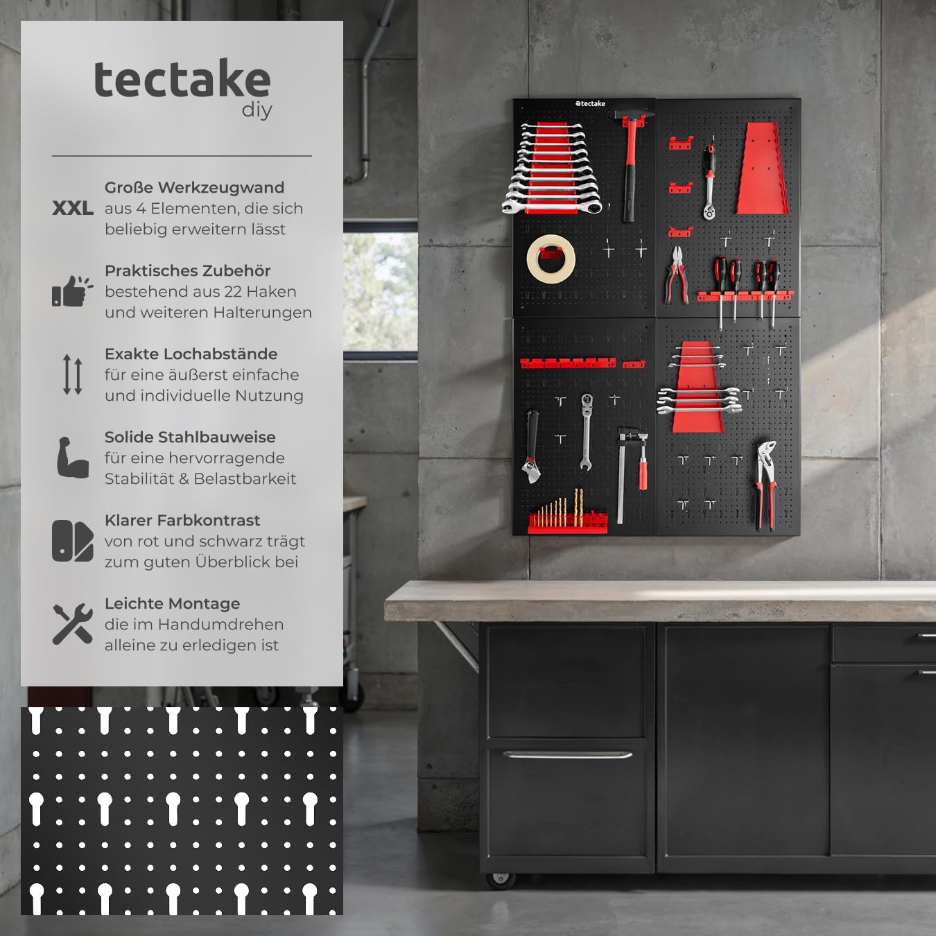 tectake® Werkzeug Lochwand aus Metall, 160 x 60 x 2 cm, Werkzeugwand Lochplatte, inkl. Werkzeughalter Set Haken und Halterungen, Wandregal Regalsystem für Werkbank, Garage, Werkstatteinrichtung - 4tlg