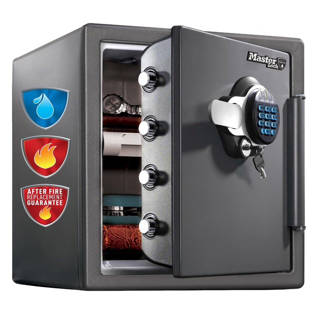 Master Lock Tresor Feuerfest und Wasserdicht mit Zahlencode und Schlüssel, Dreifacher Schutz - Flug, Feuer und Flut, elektronische Kombination und Schlüssel, 33.6L, 45.3 x 41.5 x 49.1 cm