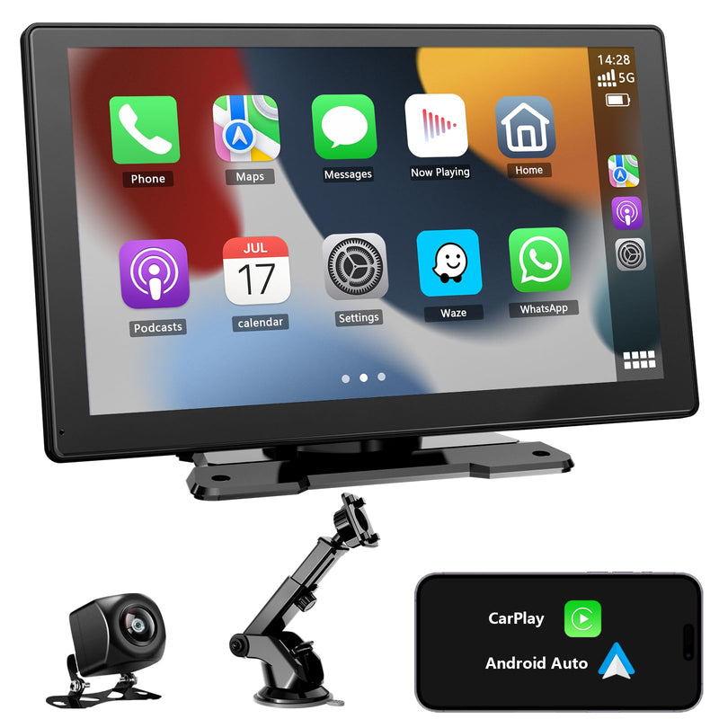 Wireless Carplay Display für Carplay & Android Auto, 9 Zoll Tragbarers Android Auto Display Car Play Bildschirm mit Rückfahrkamera, GPS Navigation, Sprachsteuerung, Bluetooth, Mirror Link, FM, AUX