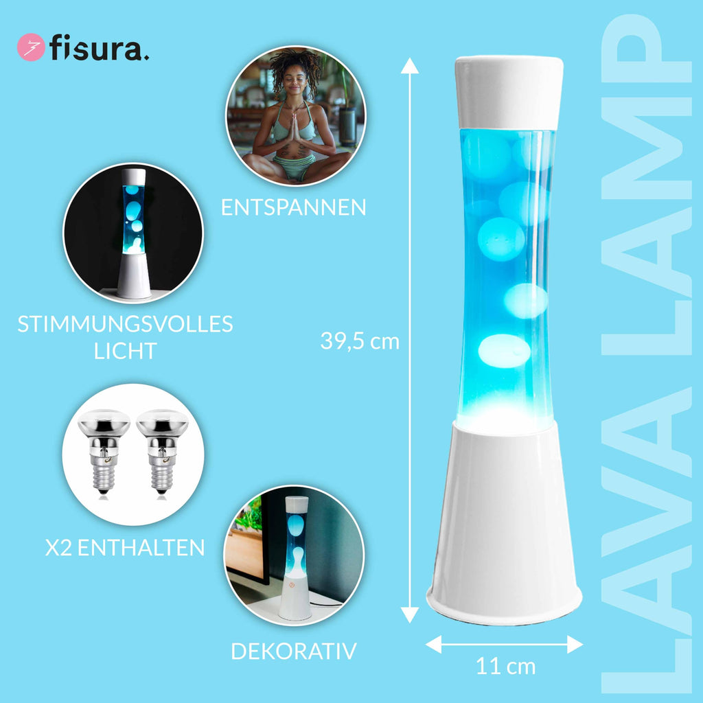 FISURA - Lavalampe blaue un weiße. Weiße Basis, blaue Flüssigkeit und weiße Lava. Lavalampe mit Ersatzbirne. Maße: 11 x 11 x 39,5 Zentimeter.