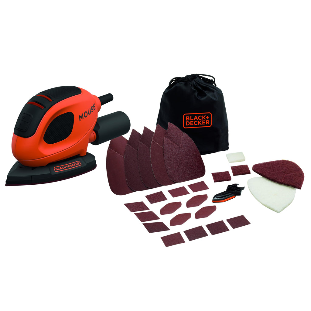 BLACK+DECKER 55W Kompakter elektrischer Deltaschleifer, mit Staubabsauganschluss und 15 Zubehörteilen, inklusive Schleifblättern, Detailschleifspitzen und einer Softtasche, BEW230BC-QS