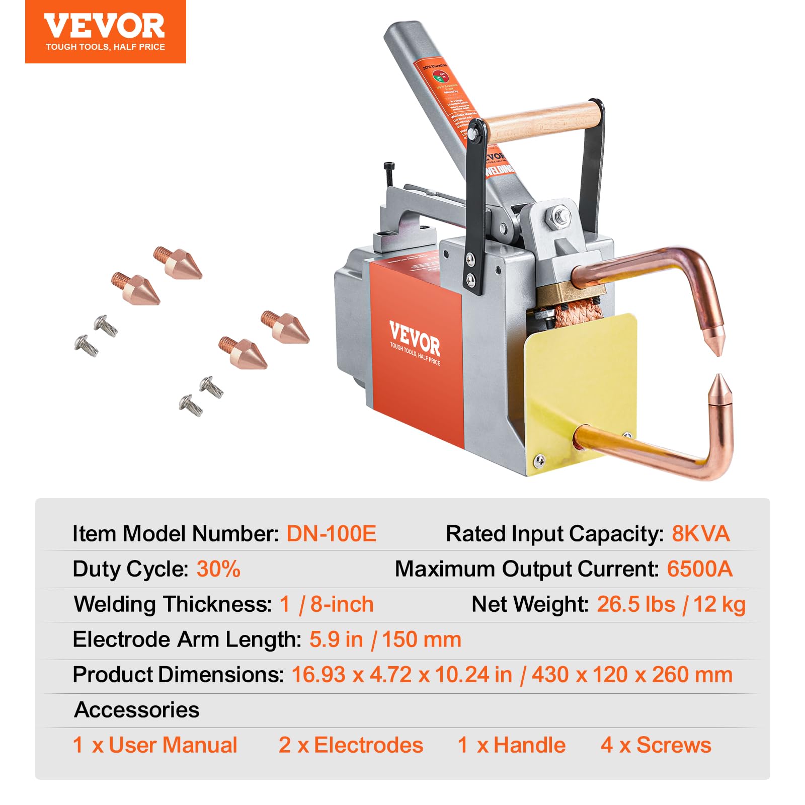 VEVOR Tragbares Punktschweißgerät, 1/8 Zoll dickes Punktschweißer mit 1,5 kVA Eingangskapazität, Schweißspitzenpistole, Metallblech-Punktschweißgerät für Kohlenstoffstahl, Edelstahl, Aluminiumblech