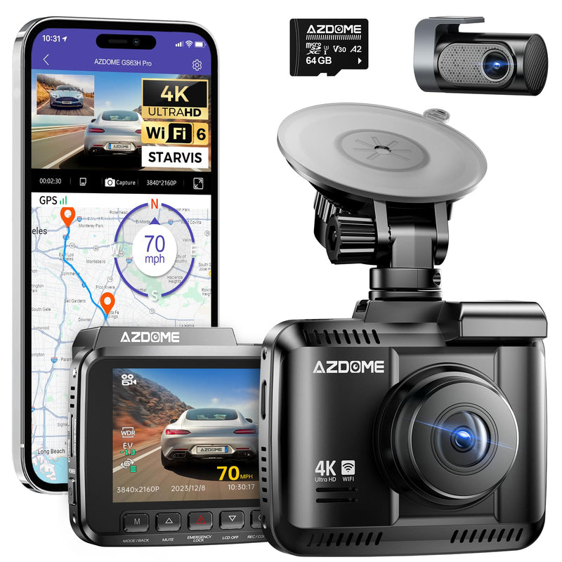 AZDOME Dashcam Auto Vorne Hinten 4K/2,5K GPS WiFi Dash Cam Auto mit Starvis, 64GB SD Karte, Auto Kamera, Parküberwachung, Super Nachtsicht, WDR, 170° Weitwinkel, G-Sensor, Loop-Aufnahme, GS63H Pro