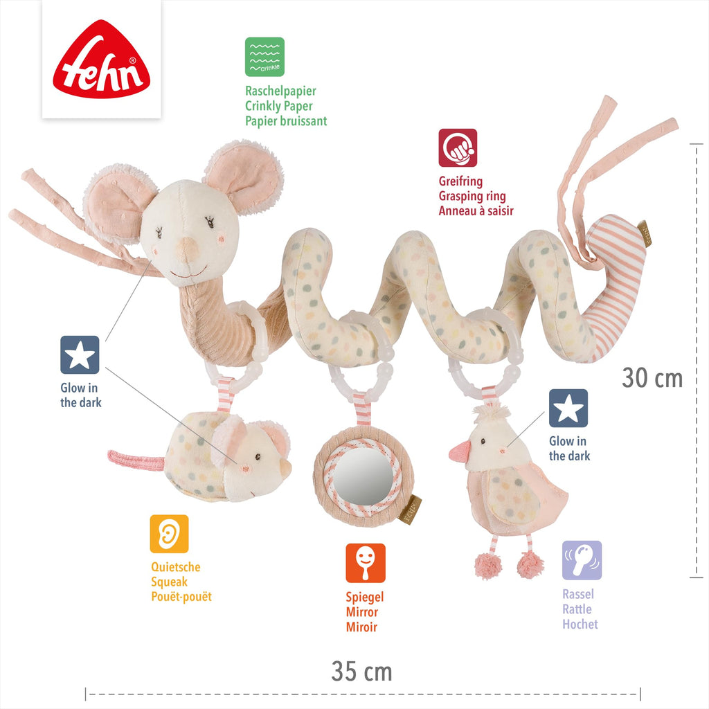 Fehn Activity-Spirale Maus – Motorikspielzeug mit Lernfunktionen zum Tasten, Fühlen, Spielen – Stoff-Spirale fördert Greifen, Tastsinn & Motorik – für zuhause & unterwegs, für Babys ab Geburt