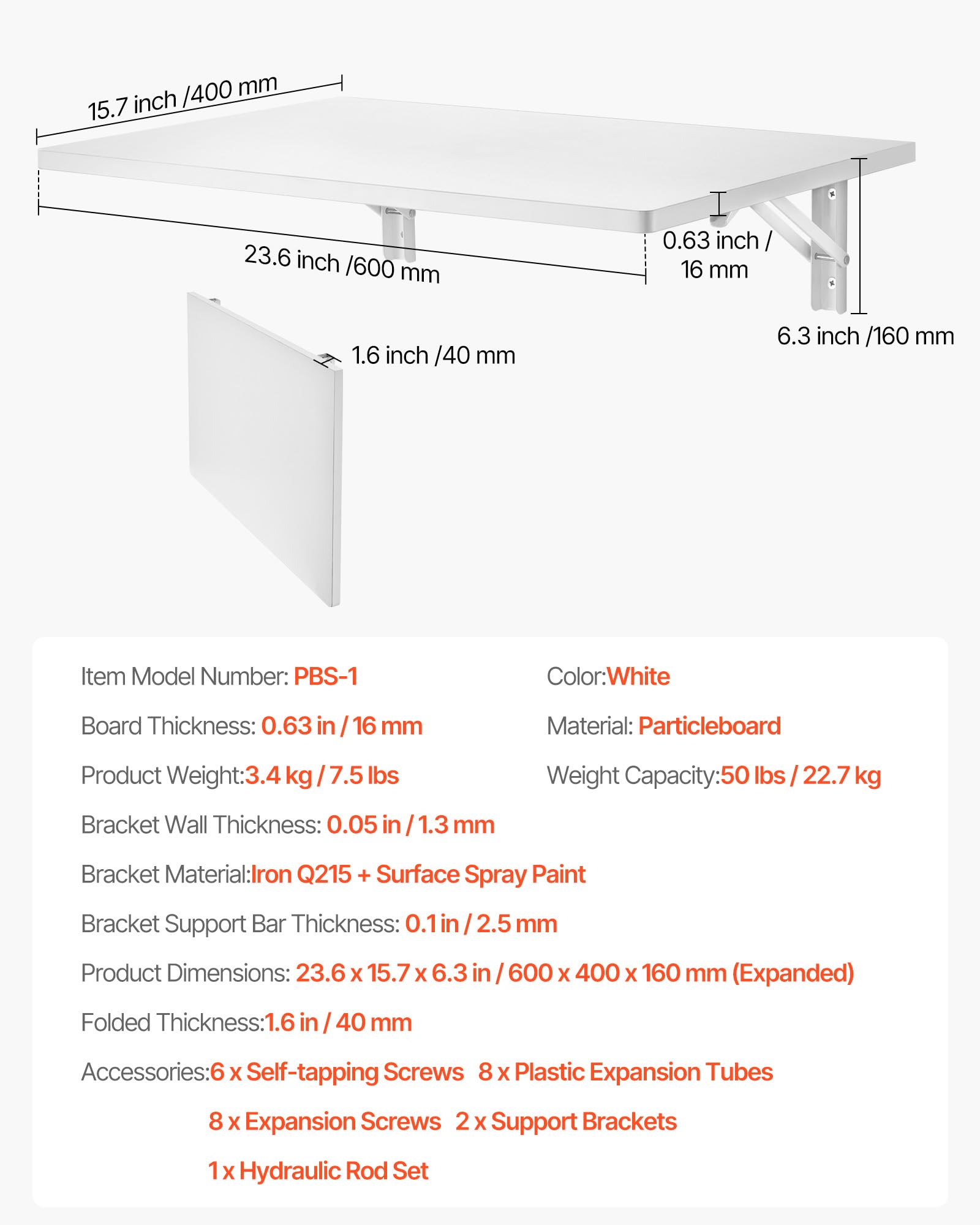 VEVOR Wandklapptisch, 60 x 40 cm, Klapptisch, schwebender Schreibtisch mit Eisenhalterung, herunterklappbarer Schreibtisch für kleine Räume, Heimbüro, Esszimmer, Waschküche, Küche, Bar, weiß