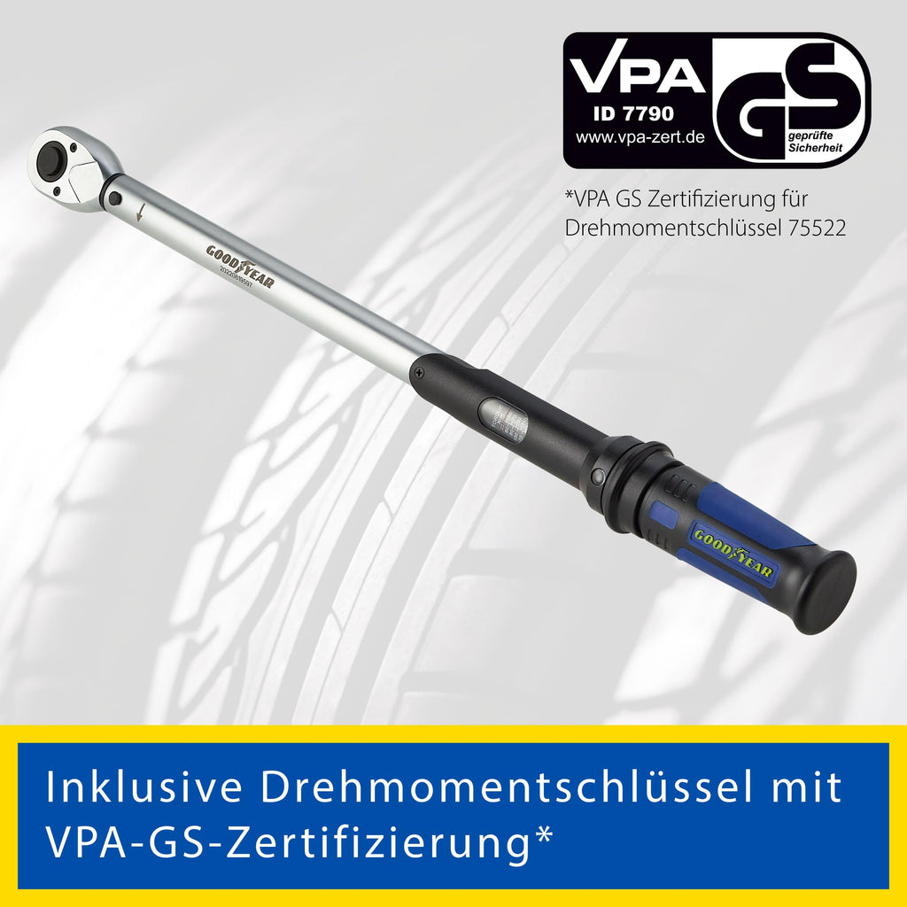 Goodyear Radwechselset, 6-teilig, Drehmomentschlüssel + Umschaltknarre + 3-tlg. Steckschlüsselsatz + Verlängerung, Box, Schwarz
