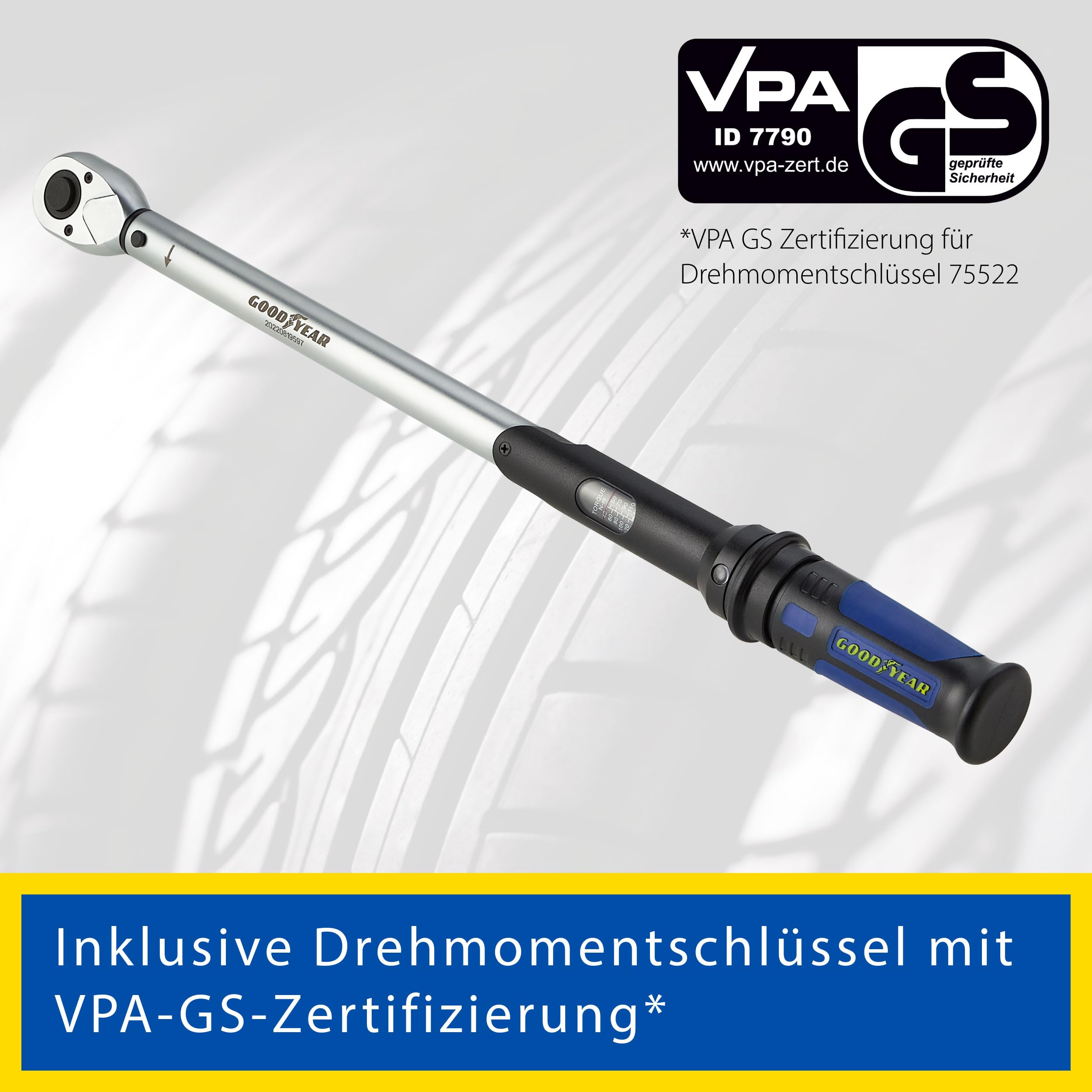 Goodyear Radwechselset, 6-teilig, Drehmomentschlüssel + Umschaltknarre + 3-tlg. Steckschlüsselsatz + Verlängerung, Box, Schwarz