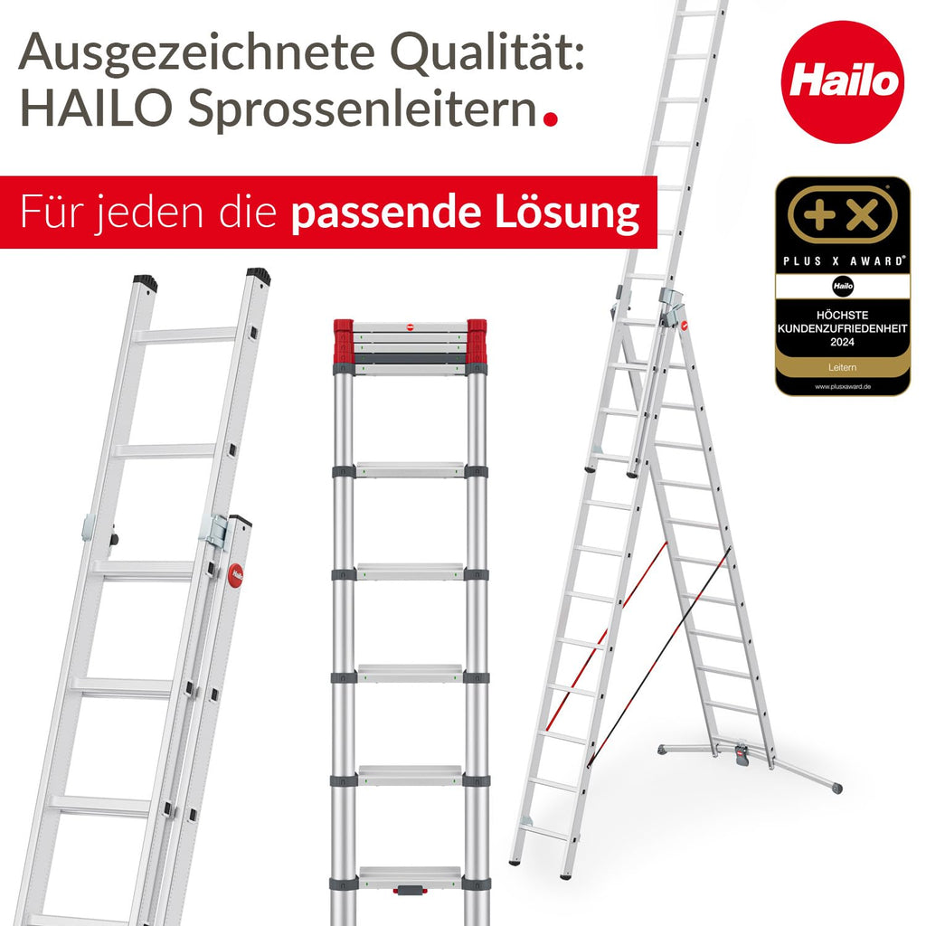 Hailo T80 FlexLine Alu-Sicherheits-Teleskopleiter - ausziehbare Anlegeleiter mit 13 Sprossen - Arbeitshöhe bis 450 cm - Gewicht 13,1 kg - Silber
