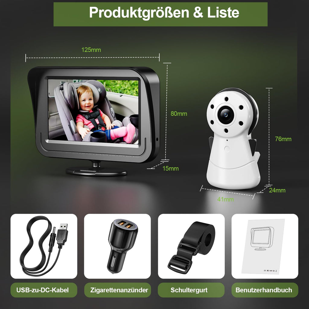 FNITAER Baby Kamera Auto mit 4.3" Display, Spiegel auto baby rückbank 1080P,Babyautospiege mit HD Nachtsicht und 120°-Betrachtungswinkel,Auto-Babyphone einfache Installation Cigarette Lighter,Schwarz