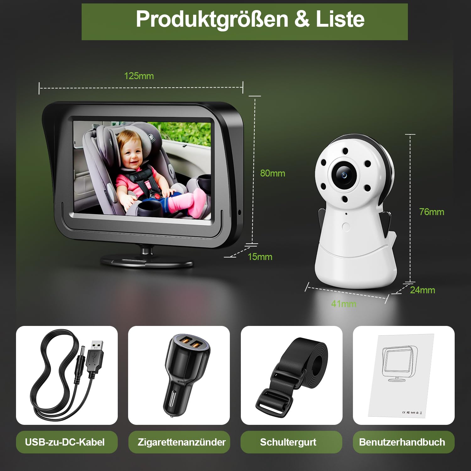 FNITAER Baby Kamera Auto mit 4.3" Display, Spiegel auto baby rückbank 1080P,Babyautospiege mit HD Nachtsicht und 120°-Betrachtungswinkel,Auto-Babyphone einfache Installation Cigarette Lighter,Schwarz