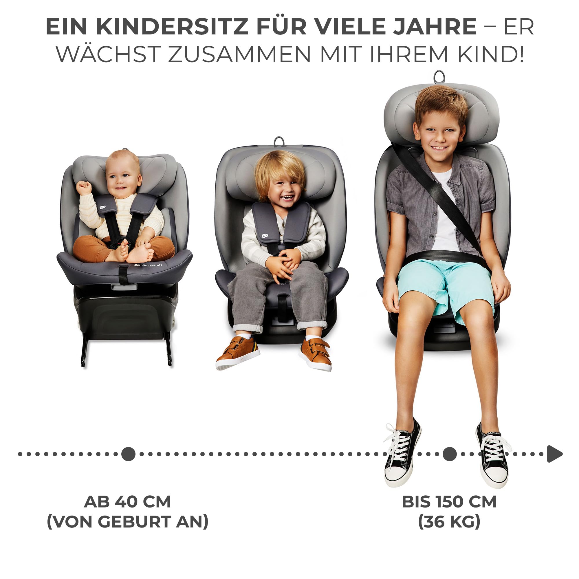 Kinderkraft I-GROW Kindersitz 0-36 kg, I-SIZE 40-150 cm, 360 grad drehbar, Kinderautositz mit Isofix station, FWF und RWF, Verstellbare Kopfstütze/Rückenlehne mit Liegeposition, Grau