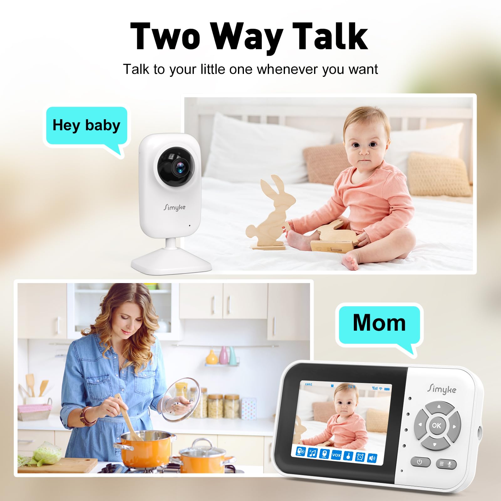 Simyke Baby Video Monitor, WiFi Baby Kamera, 2,8 Zoll Display und App-Steuerung, 1000 Fuß Lange Reichweite, 2-Wege-Gespräch, automatische Nachtsicht, Alarm