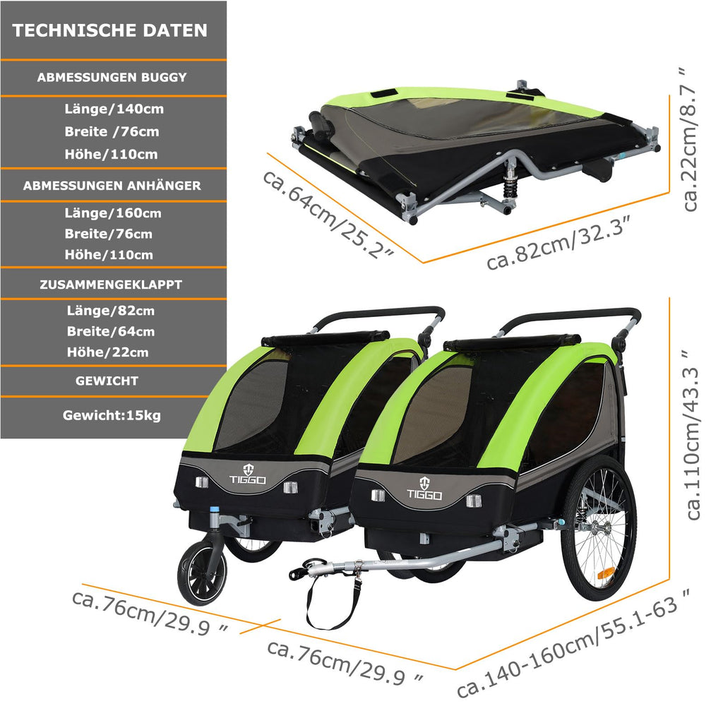 Tiggo S2 Kinderanhänger mit Federung Jogger 2 in 1 Kinder Buggy fahrradanhänger Anhänger 360° Drehbar