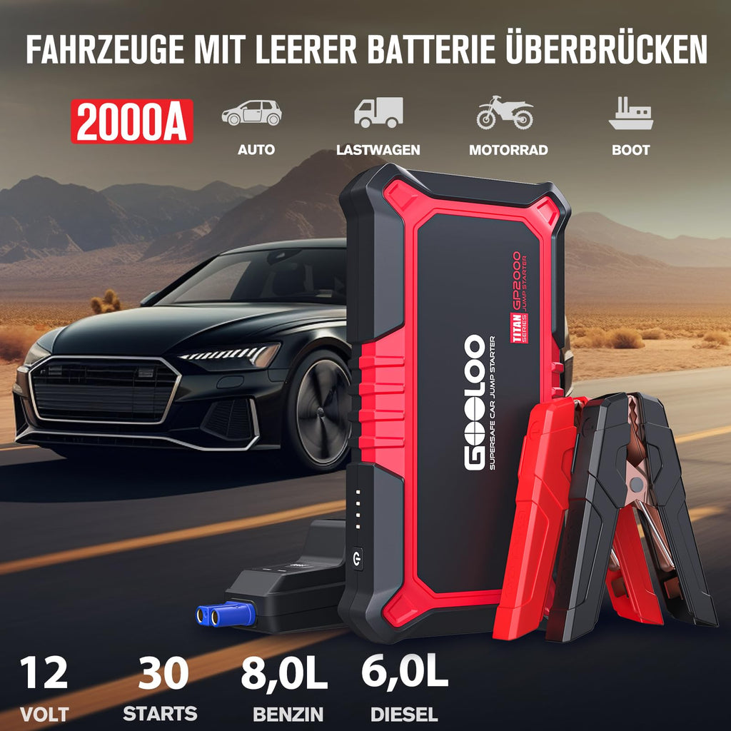 GOOLOO GP2000 Starthilfe Powerbank für Pkw, 2000A Supersafe Auto Starthilfe Powerbank für 12V (Bis zu 8.0L Benzin & 6.0L Diesel), Booster Autobatterie mit USB-Schnellladung, Starthilfekabel und LED