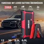 GOOLOO GP2000 Starthilfe Powerbank für Pkw, 2000A Supersafe Auto Starthilfe Powerbank für 12V (Bis zu 8.0L Benzin & 6.0L Diesel), Booster Autobatterie mit USB-Schnellladung, Starthilfekabel und LED