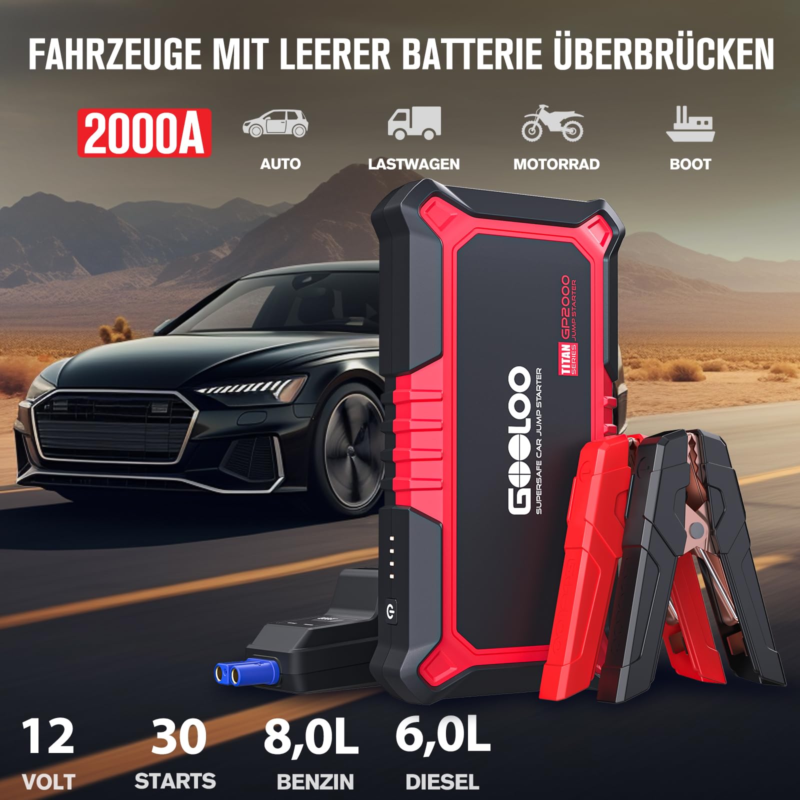 GOOLOO GP2000 Starthilfe Powerbank für Pkw, 2000A Supersafe Auto Starthilfe Powerbank für 12V (Bis zu 8.0L Benzin & 6.0L Diesel), Booster Autobatterie mit USB-Schnellladung, Starthilfekabel und LED